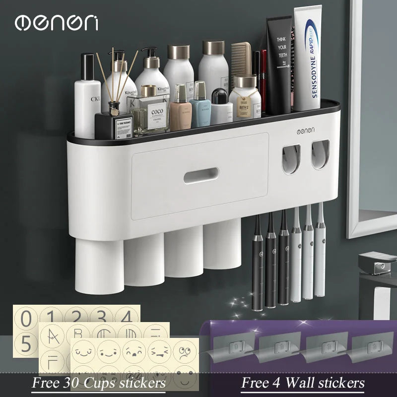 Magnetic Inverted Toothbrush Holder Wall -Automatic Toothpaste Squeezer Storage Rack