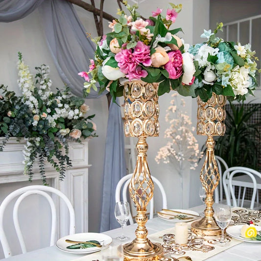 2/10 Piece Metal Diamond Crystal Vase, 24 Inch Gold Multi-Purpose Flower Stand, for All Occasions