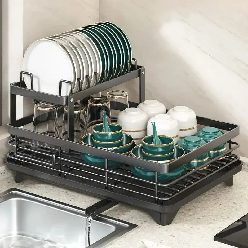 Dish Drying Rack Adjustable Kitchen Plates with Drainboard Over Sink Countertop Cutlery Storage Holder