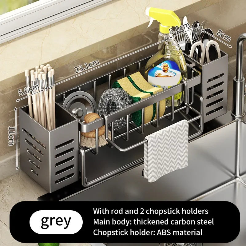 Stainless Steel Kitchen Sink Storage Rack Space Saving Built-in Sponge Rack and Drainage Basket for Kitchen