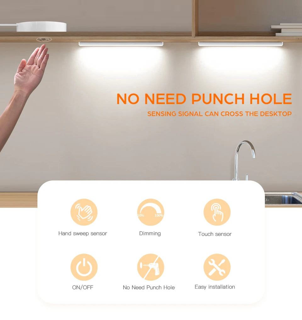 Motion Touch Sensor LED Lights Wireless Light Penetrable Wood Aluminum Bar Light Cabinet Wardrobe Lamp Backlight