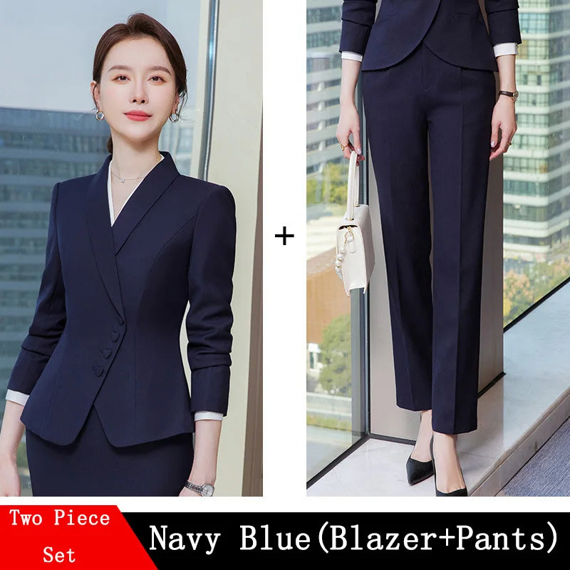 Business Women's Suit Pants Two-piece Set New Spring Autumn Long Sleeve Heart Button Jacket Slim Trousers Skirts