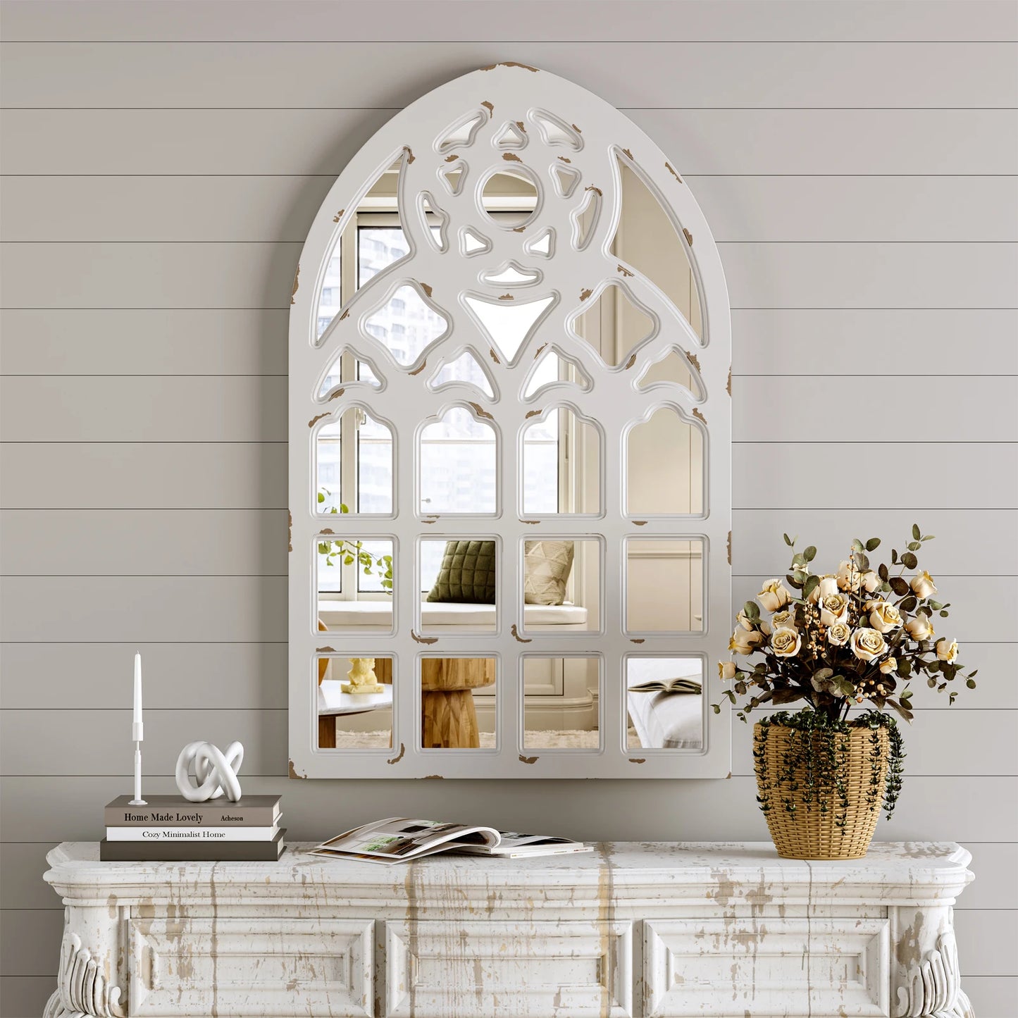 Arched Window Mirror, Wall Mirrors Decorative with Wood Framed, Retro Farmhouse Mirrors for all Rooms