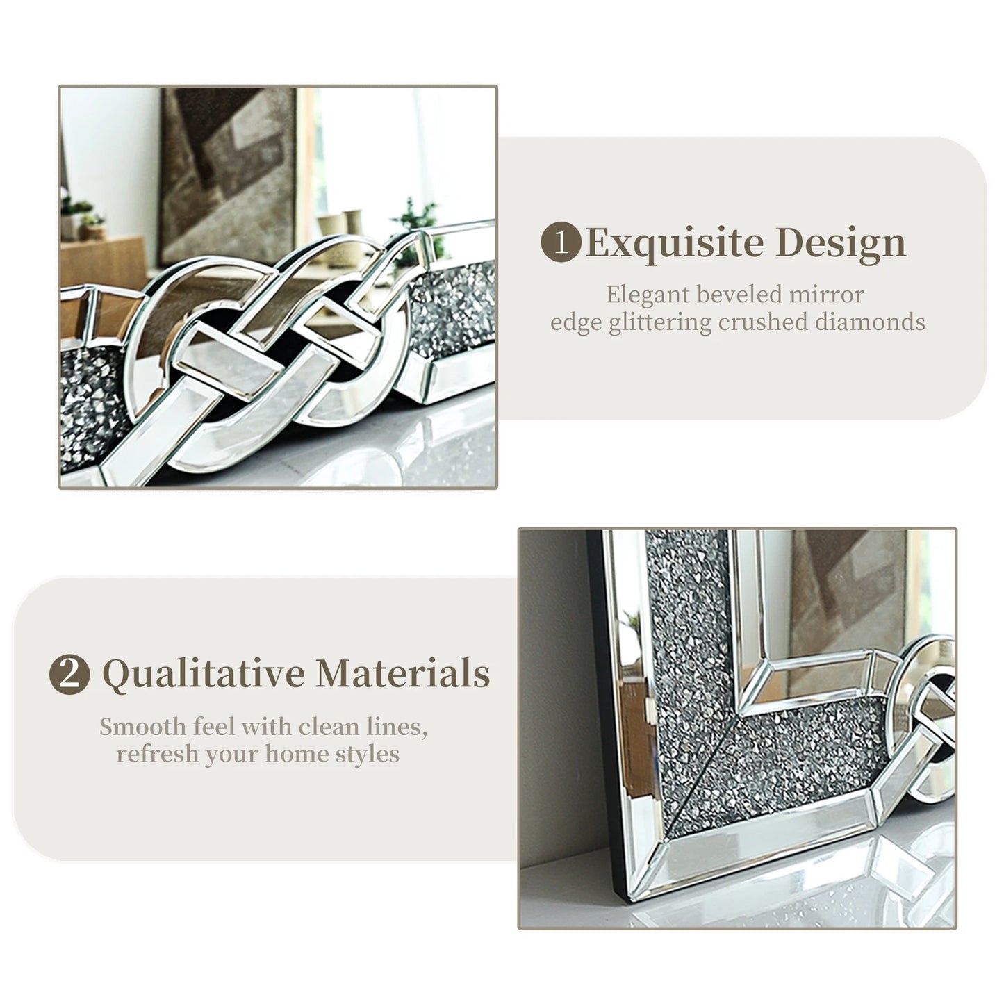 Crushed Diamond Wall Mirror Rectangular Glass Silver Vanity Glam Crystal Frame Edge