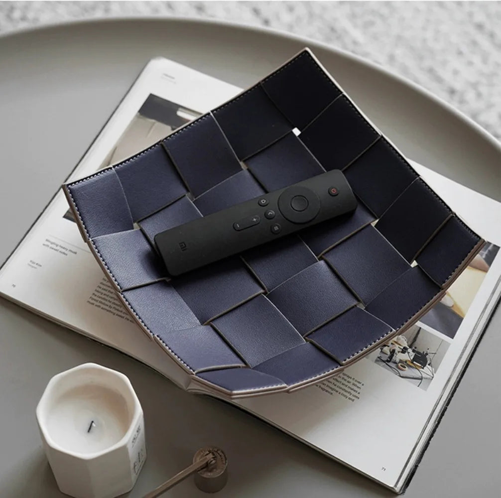 Leather Storage Tray Home Living Room Desktop Woven Storage Tray  Decorative  Jewelry Dish