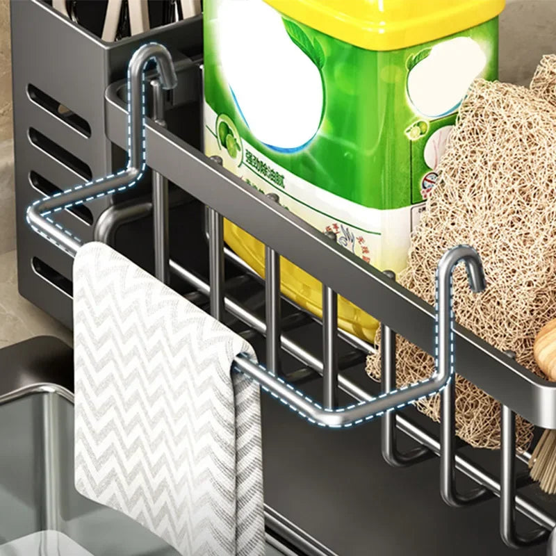 Stainless Steel Kitchen Sink Storage Rack Space Saving Built-in Sponge Rack and Drainage Basket for Kitchen