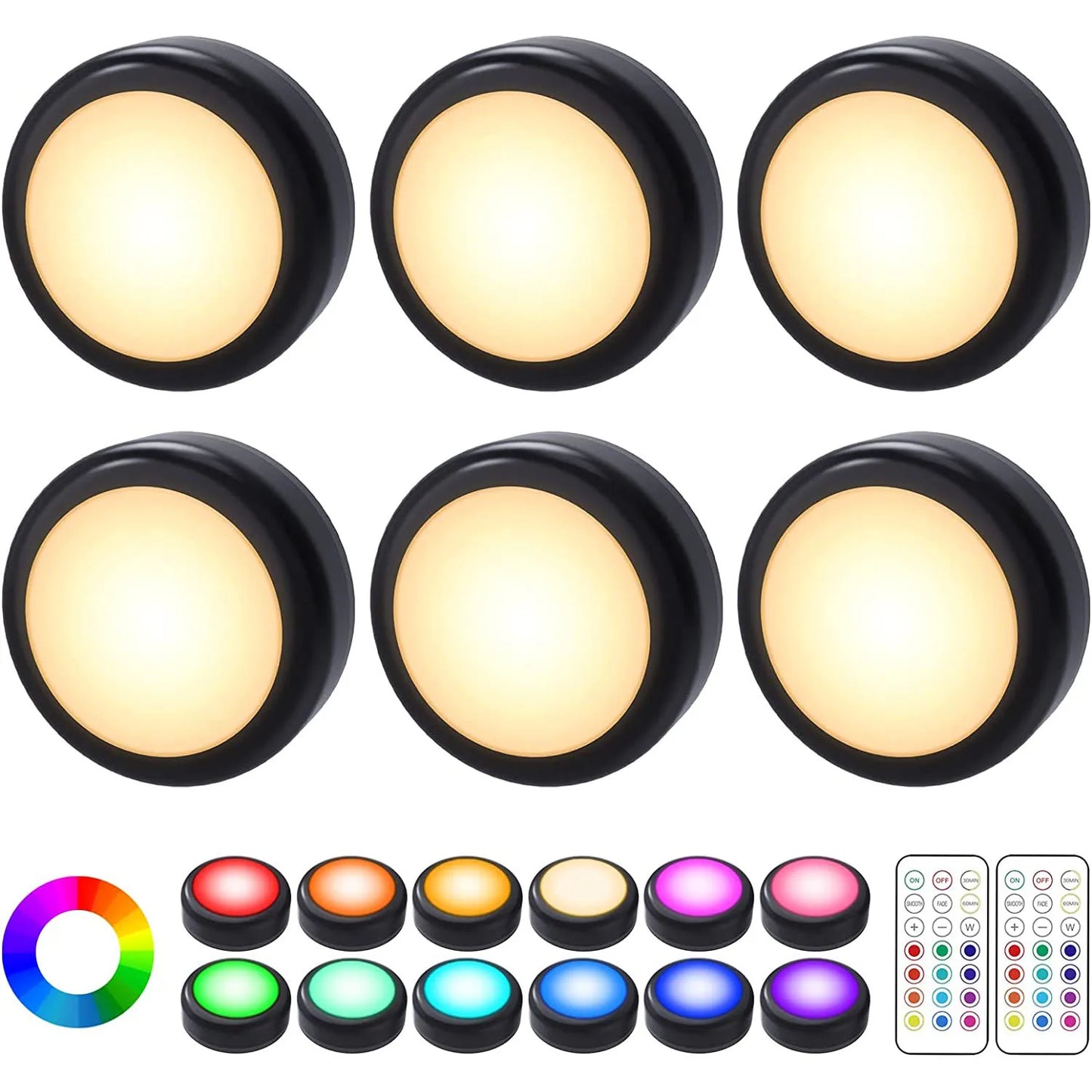 6Pcs RGBW LED Night Lights Remote Control Dimmable Under Cabinet Light Battery-Operated Wireless