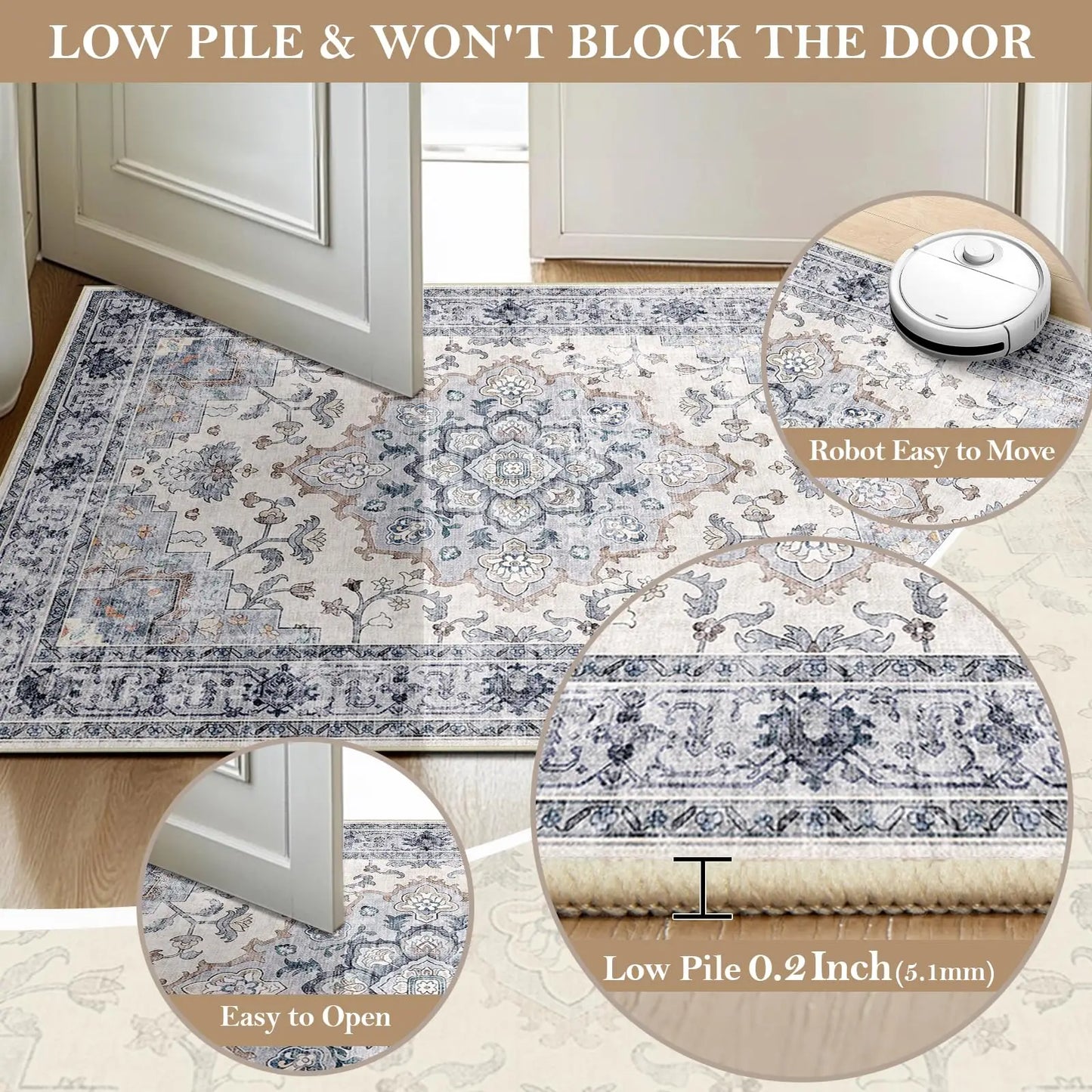 Machine Washable Area Rugs for Living Room Carpet Non Slip Low Pile Water Repellent Soft Print Pattern