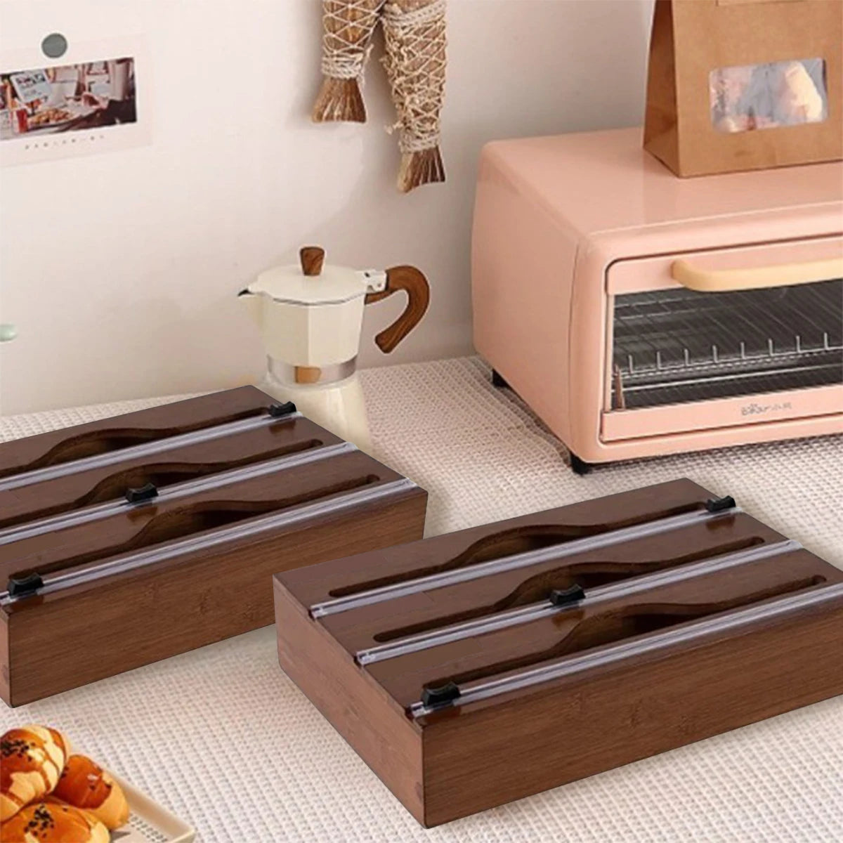 Wrap Dispenser with Foil & Cling Film Cutter Box, Bamboo Fresh Bag Cutting Holder