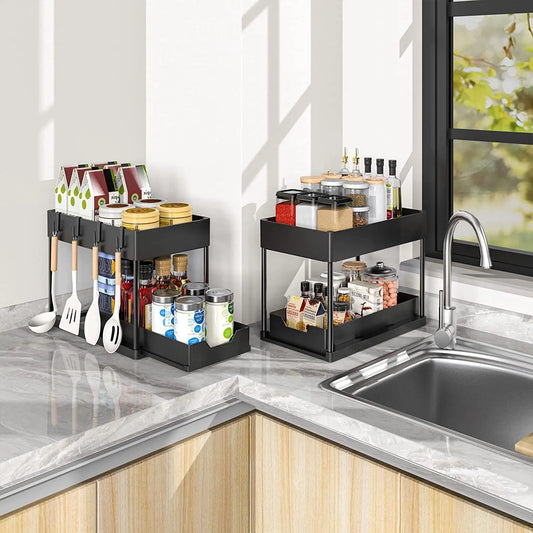 Pull-Out Pantry Multi-Tier Adjustable Storage Shelf for Spices Utensil Under Sink Cabinet Countertop