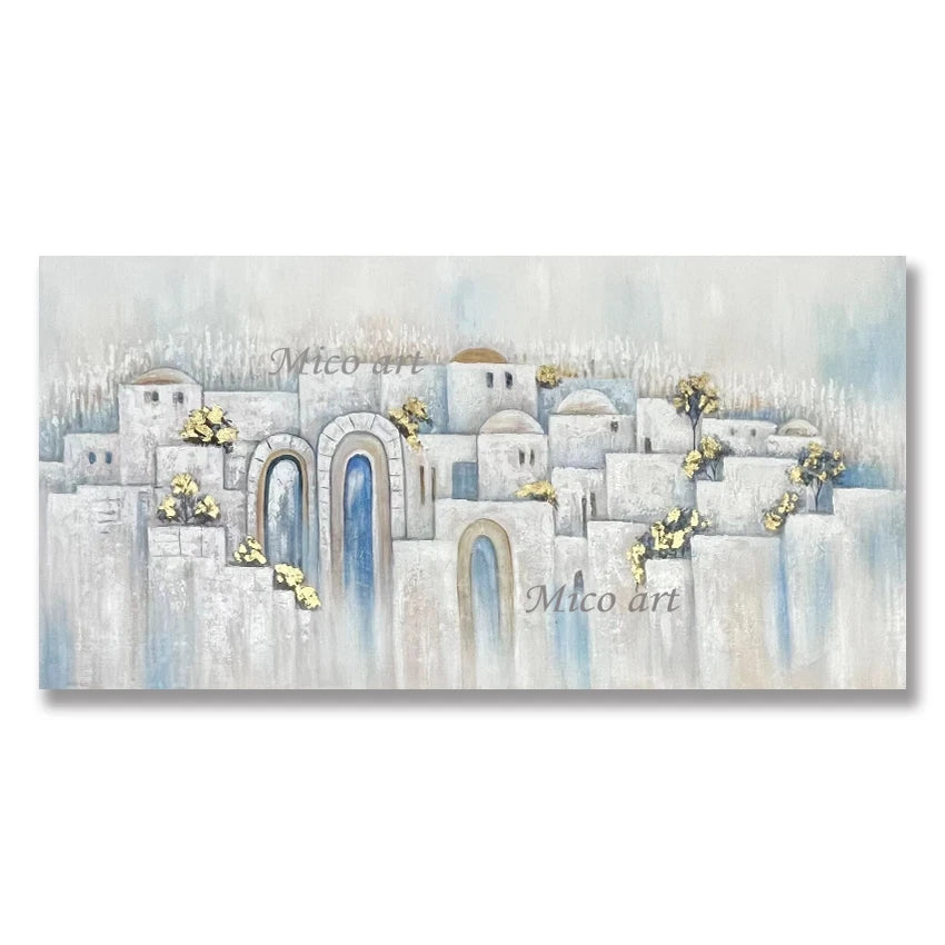 Abstract Oil Painting, Hand Painted Textured Canvas Art, Jerusalem Landscape Judaica, Artwork for Kosher Kitchen Decor