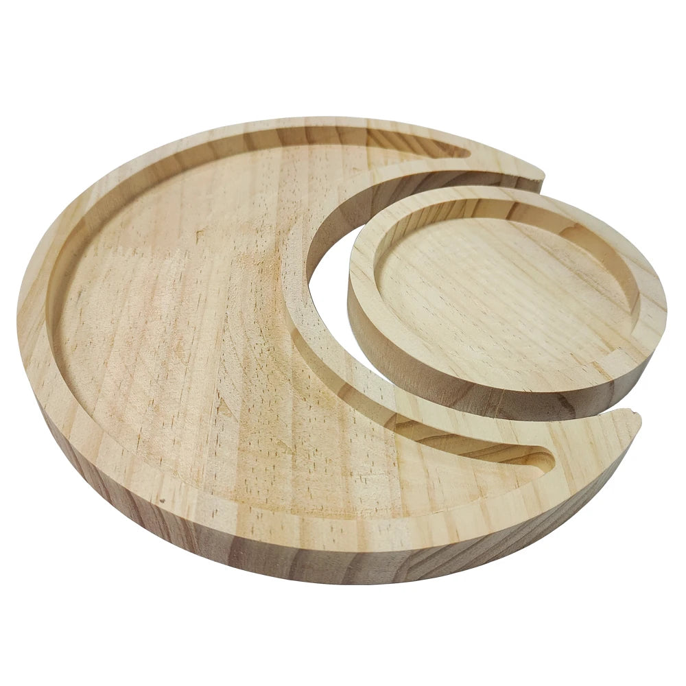 Wooden Crystal Holder Moon Tray with Round Dish Stones Crystals Jewelry Rings Organizer