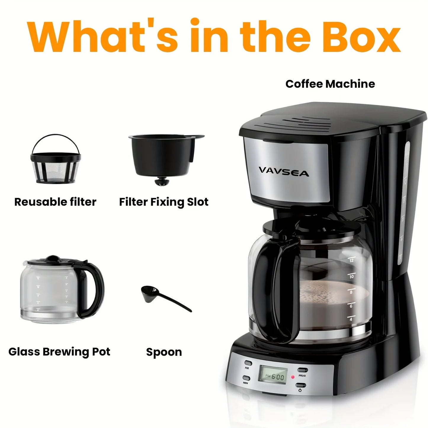 12 Cup Programmable Coffee Maker, 900W Drip with Glass Carafe, Auto Shut off