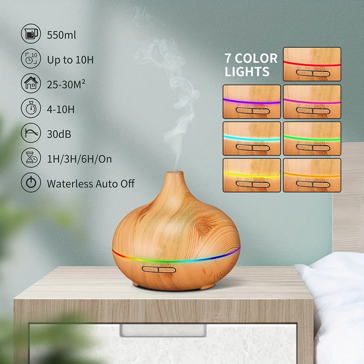Essential Oil Aroma Diffuser with 6-Bottle 10ml Oil Set, Lavender/ Jasmine/ Rose/ Lemon/ Ocean - Great for Home, Office