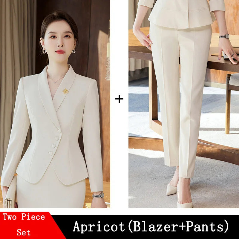 Business Women's Suit Pants Two-piece Set New Spring Autumn Long Sleeve Heart Button Jacket Slim Trousers Skirts