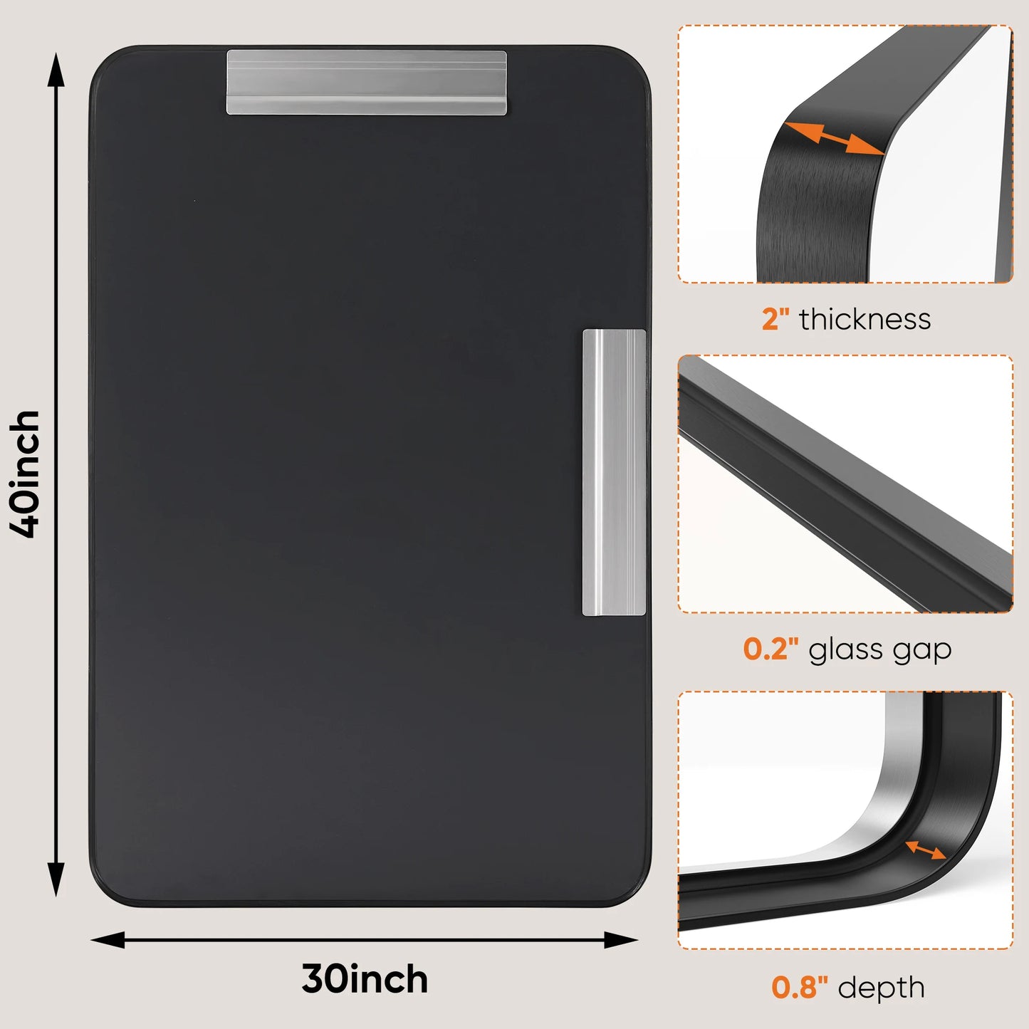Matte Metal Framed Mirror for Wall  Rectangle Rounded Corner Tempered Glass