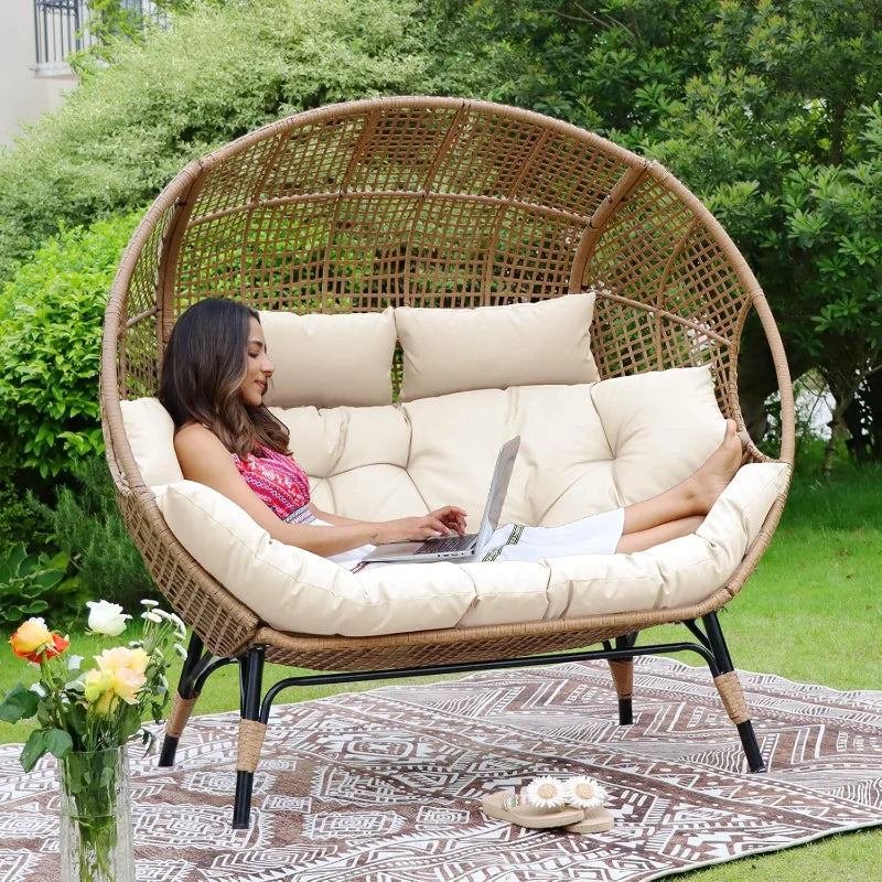 Double Egg Chair Indoor Outdoor Stationary Oversized Thicken Padded Cushions 2 Person Loveseat Chair