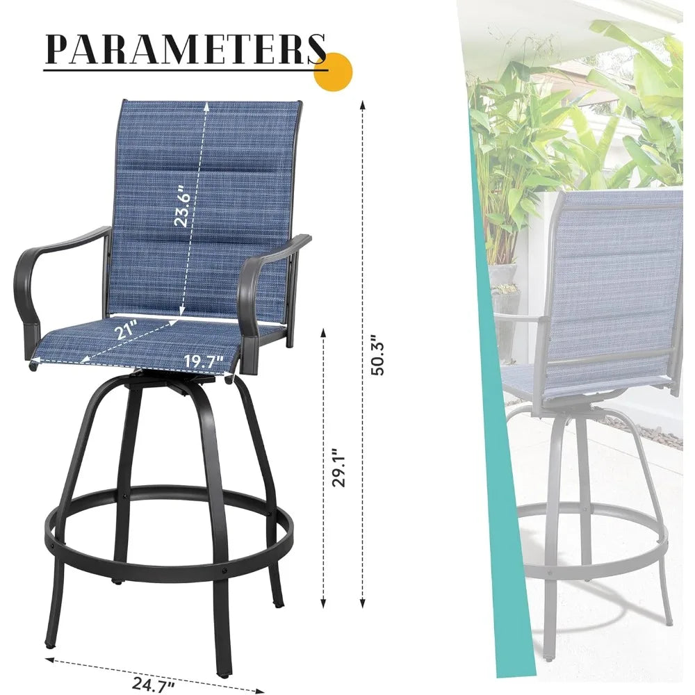 Patio Swivel Bar Chairs Weather Padded Sling Textile High Top Bar Stools, Bistro Set