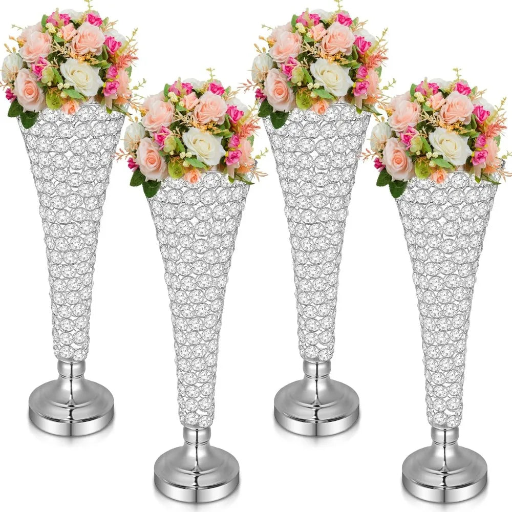 4 pieces of crystal trumpet vases, 20-inch-high forged iron crysta flower rack, decorated for gatherings and parties