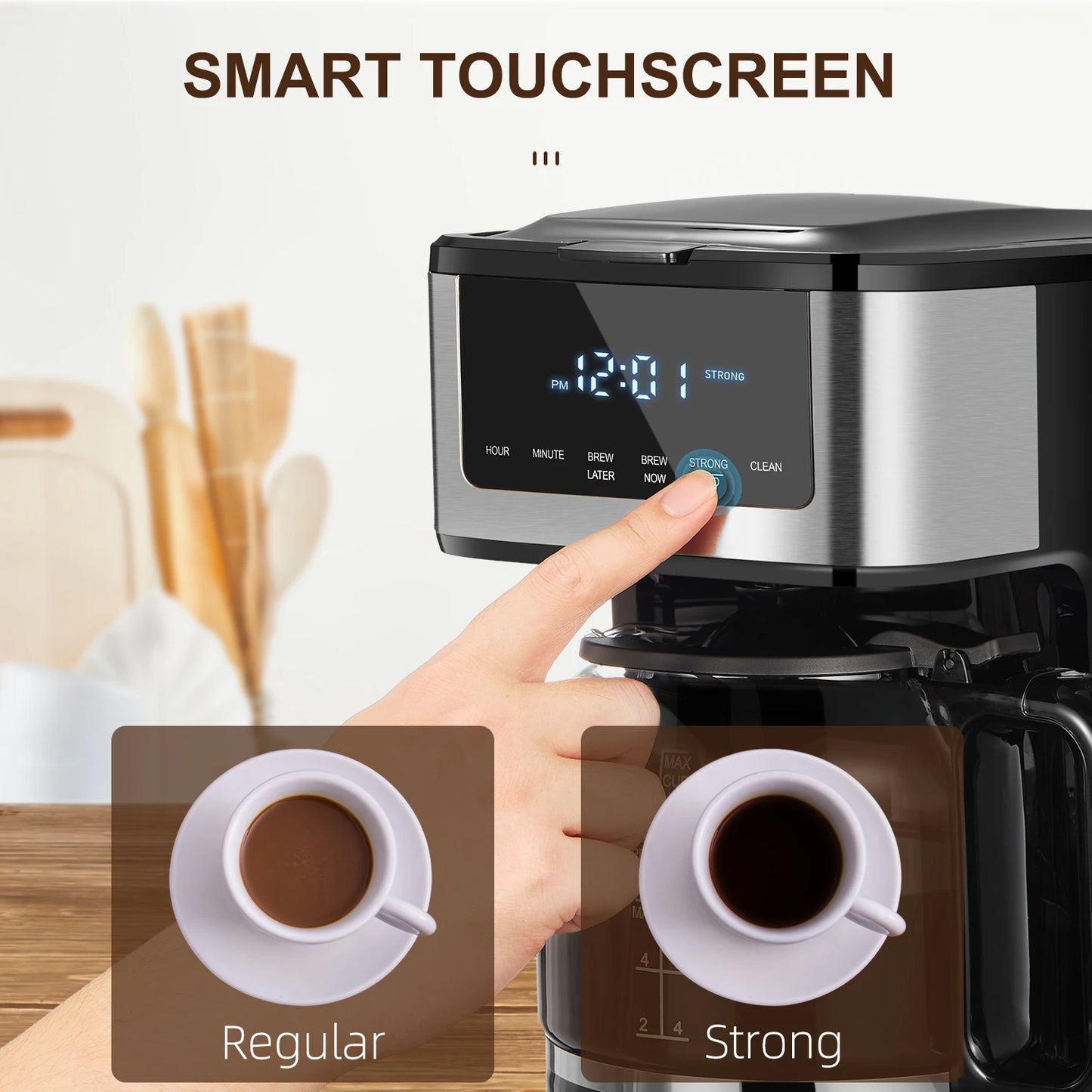 Programmable Drip Coffee Maker 12 Cup, with Iced Coffee Function, Touch Screen, Regular & Strong Brew