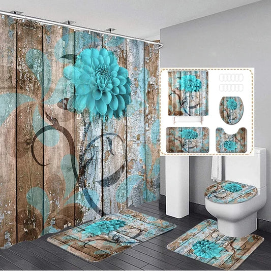 4PCS Flower Shower Curtain Set with Non-Slip Rugs, Toilet Lid Cover and Bath Mat Waterproof Bathroom Decor