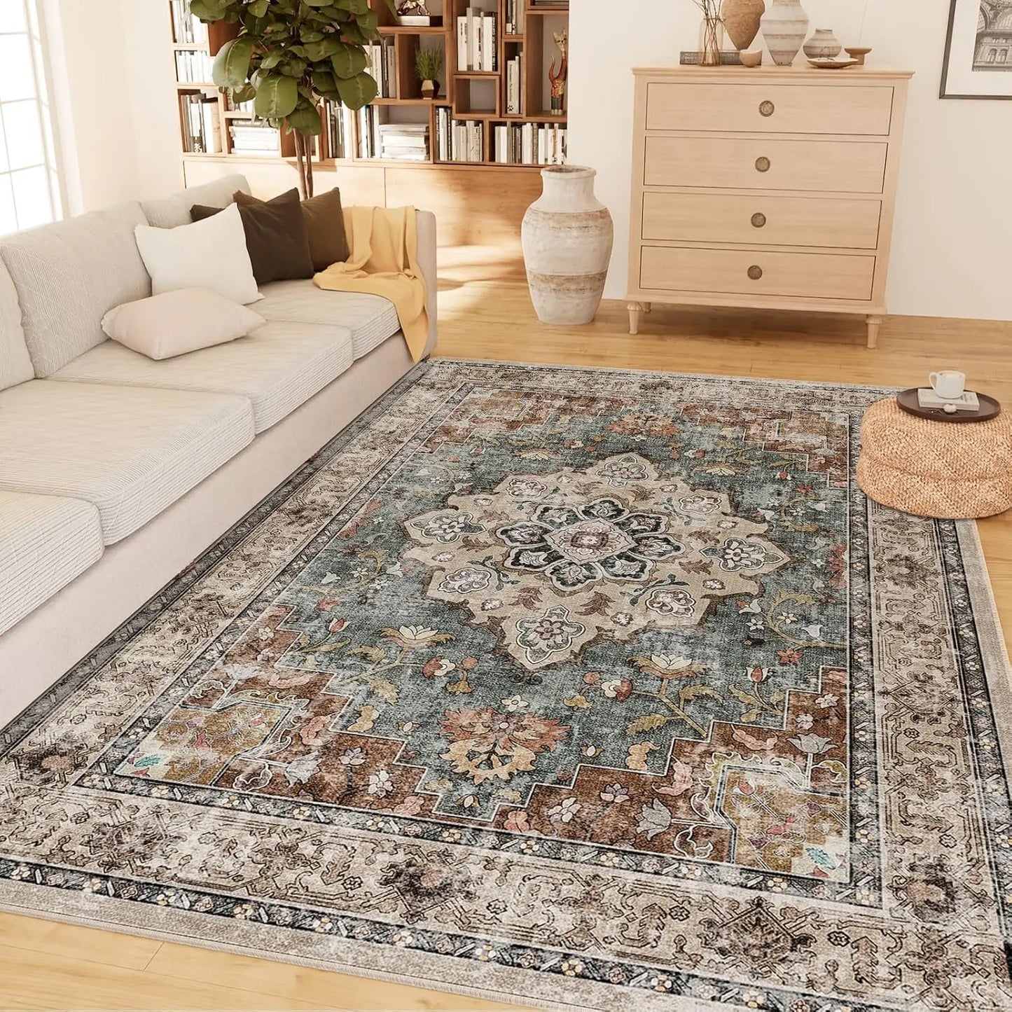 Machine Washable Area Rugs for Living Room Carpet Non Slip Low Pile Water Repellent Soft Print Pattern