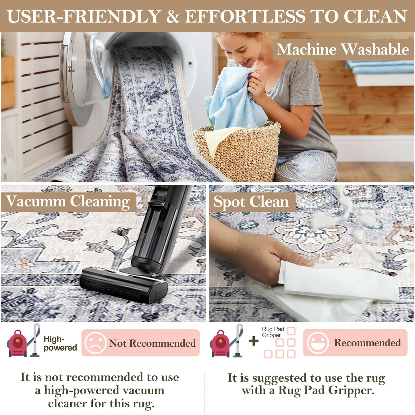 Machine Washable Area Rugs for Living Room Carpet Non Slip Low Pile Water Repellent Soft Print Pattern