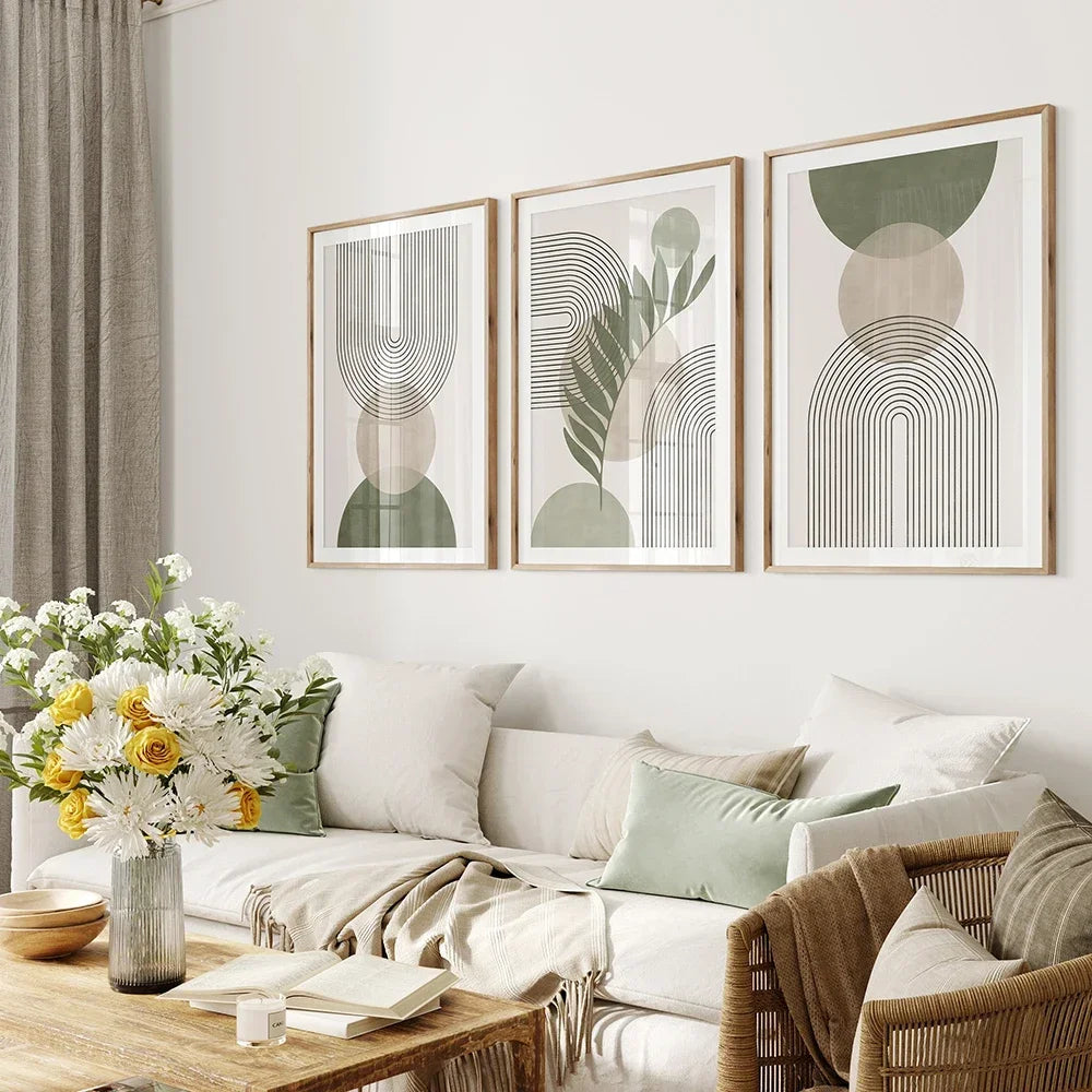 Sage Green Botanical Print Pictures Boho Geometric Wall Art Canvas Painting