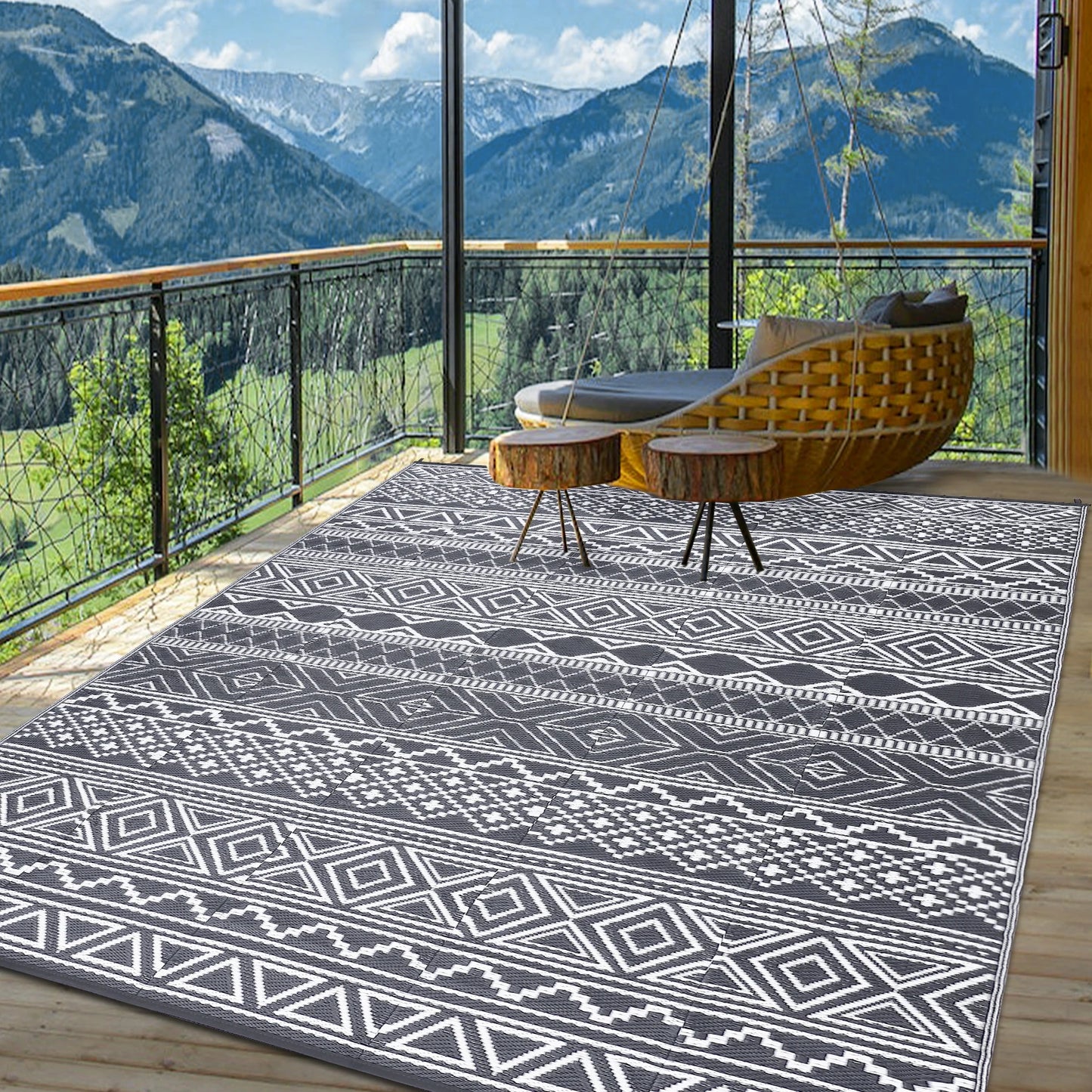 Outdoor Rug 5x8 Waterproof Reversible Patio Rug RV Boho Rug for Camper Porch Balcony Backyard Picnic