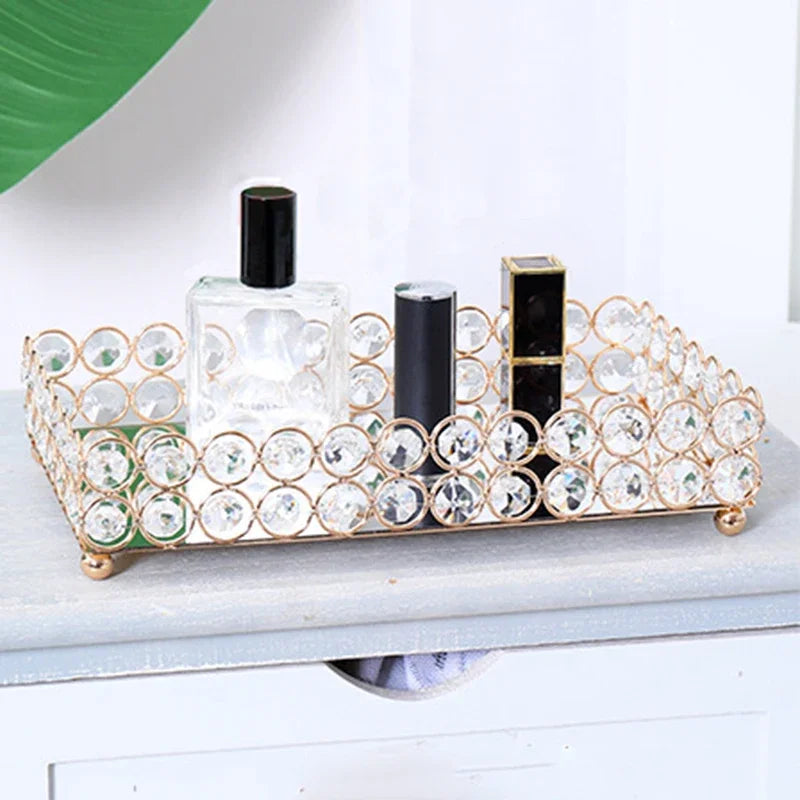 Crystal Decorative Tray Table Makeup Organizer Glass Mirror  Luxury Serving Tray Home Trinket Dish