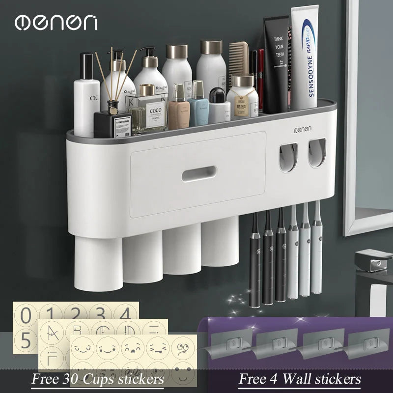 Magnetic Inverted Toothbrush Holder Wall -Automatic Toothpaste Squeezer Storage Rack