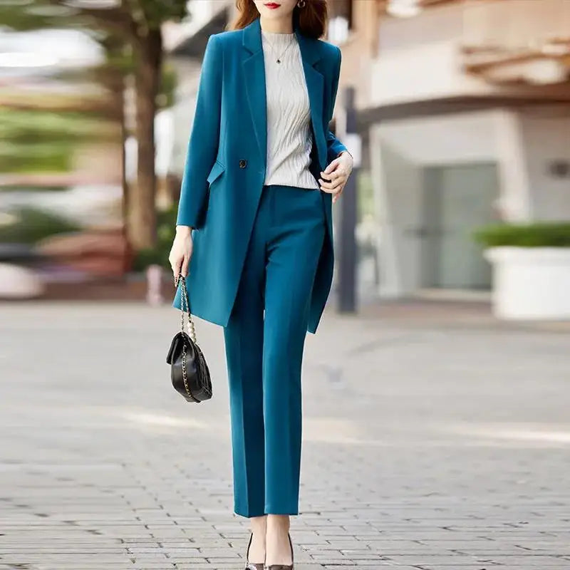 High End Office Professional Women's Blazer Pants 2-Piece Set Fashion Long Female Jacket Over Business Suit With Trousers