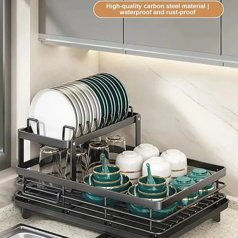 Dish Drying Rack Adjustable Kitchen Plates with Drainboard Over Sink Countertop Cutlery Storage Holder