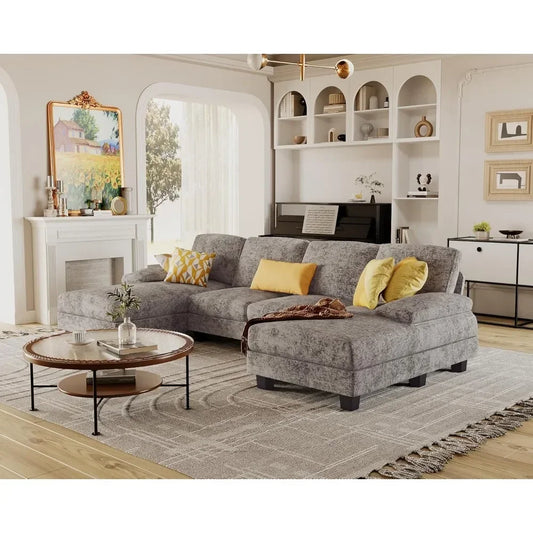 Sectional Couches for Living Room U-Shaped Sofa with Linen Fabric 4 Seat Sofa Set with Double Chaise