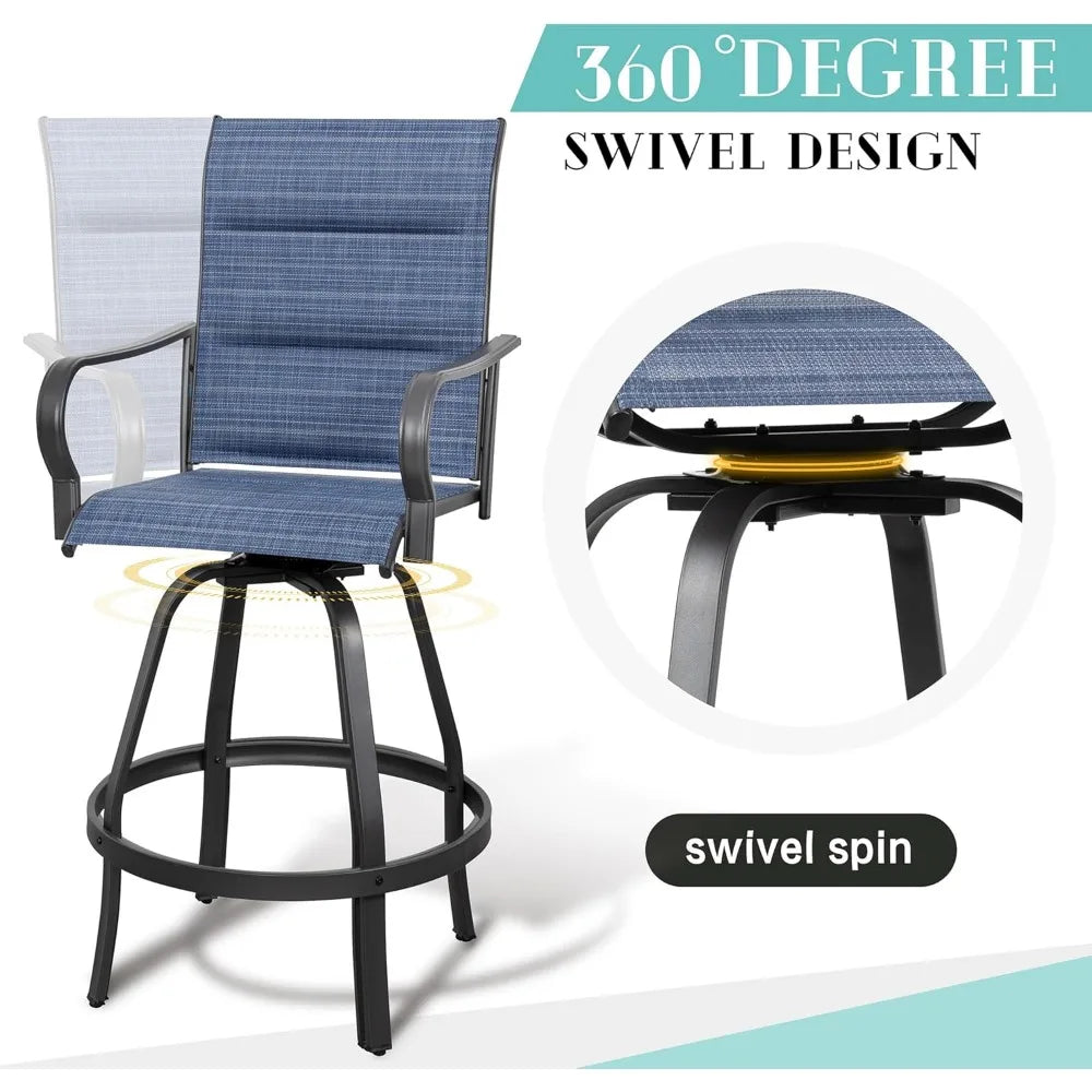 Patio Swivel Bar Chairs Weather Padded Sling Textile High Top Bar Stools, Bistro Set