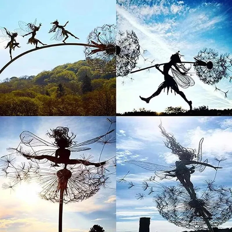 Dancing Fairy Statue Steel Wires Elf Dandelion Sculpture Mythical Garden Figurine Yard Decor