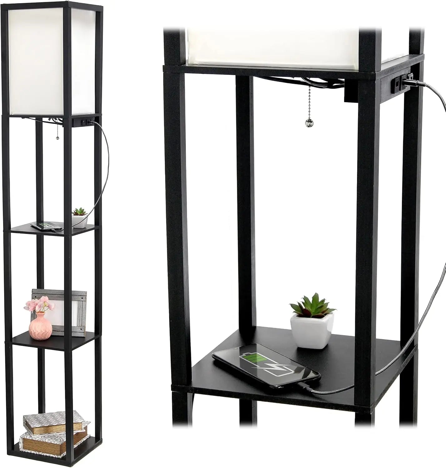 Floor Lamp  Organizer Storage Shelf with 2 USB Charging Ports, 1 Charging Outlet and Linen Shade