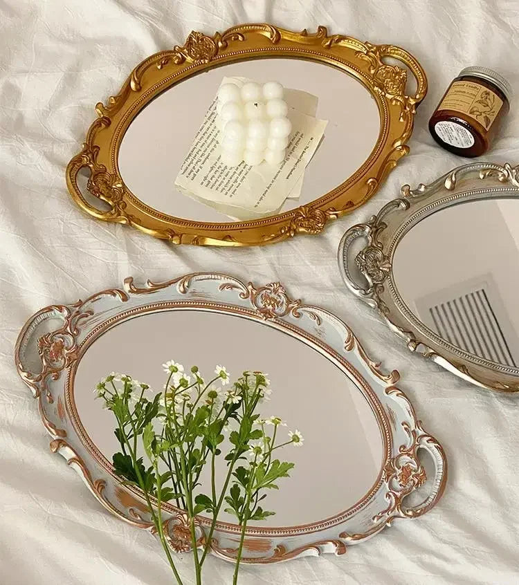 European Decorative Plate Storage Tray Oval Plate Jewelry  Rotary Candy Tray Mirror Decorative Make Up Mirror