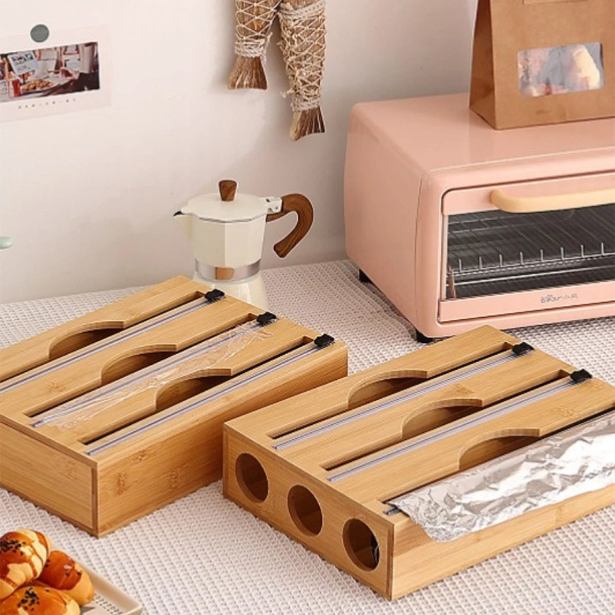Wrap Dispenser with Foil & Cling Film Cutter Box, Bamboo Fresh Bag Cutting Holder