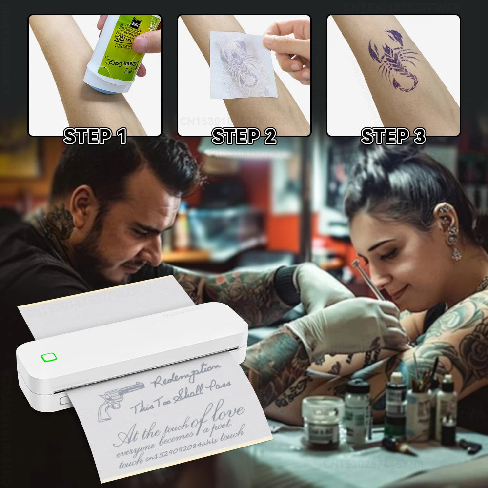 Inkless A4 Portable Thermal Printer Wireless Tattoo Stencil Printer Bluetooth PDF Photo Document Machine Memo Note Tattoo Print