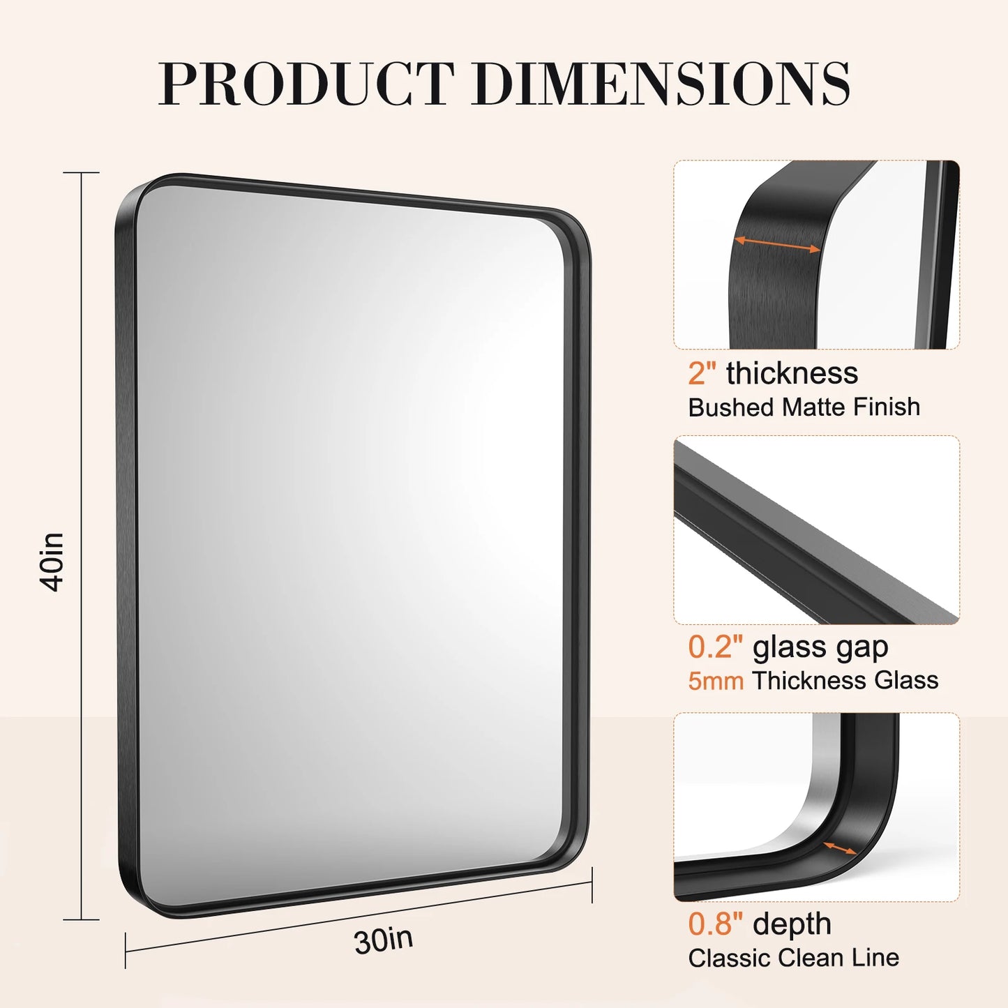 Matte Metal Framed Mirror for Wall  Rectangle Rounded Corner Tempered Glass