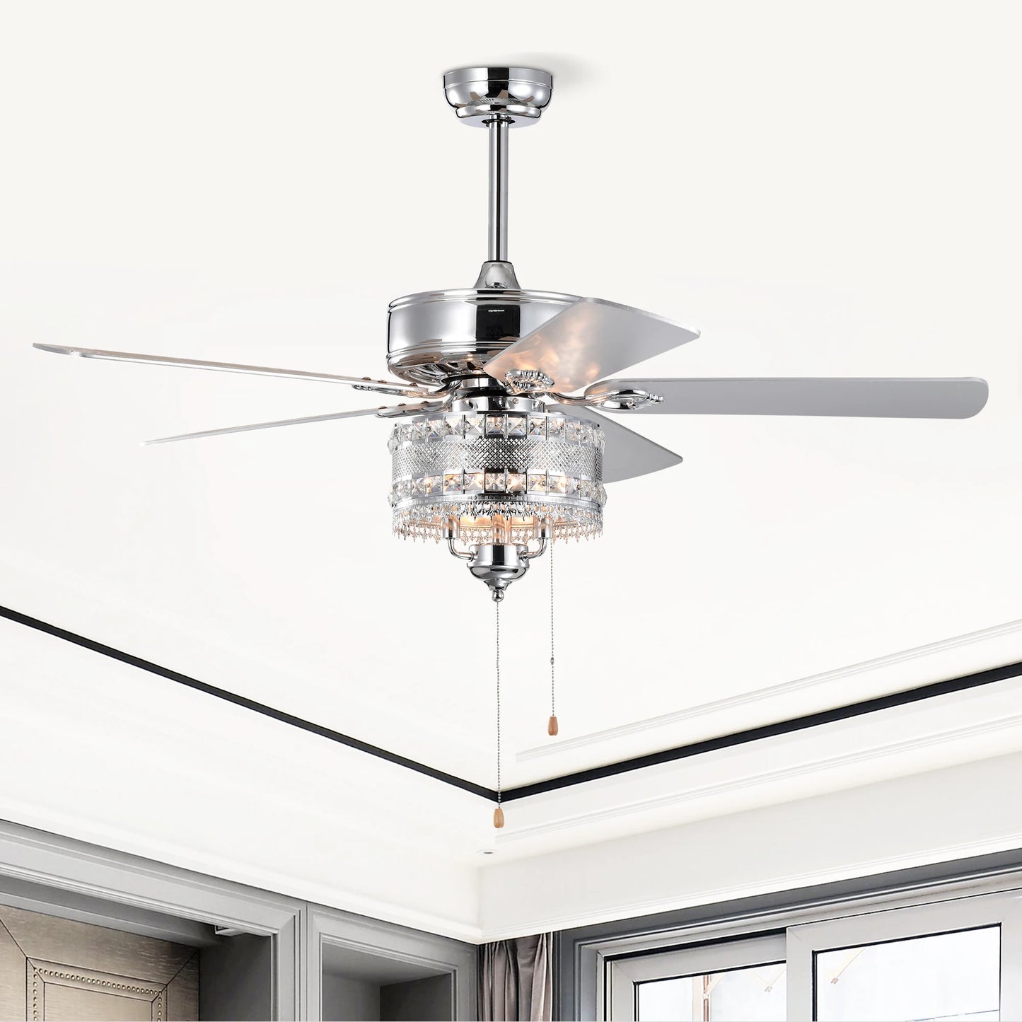 52'' Classical Crystal Ceiling Fan Lamp 5 Reversible Blades Stylish for Any Room