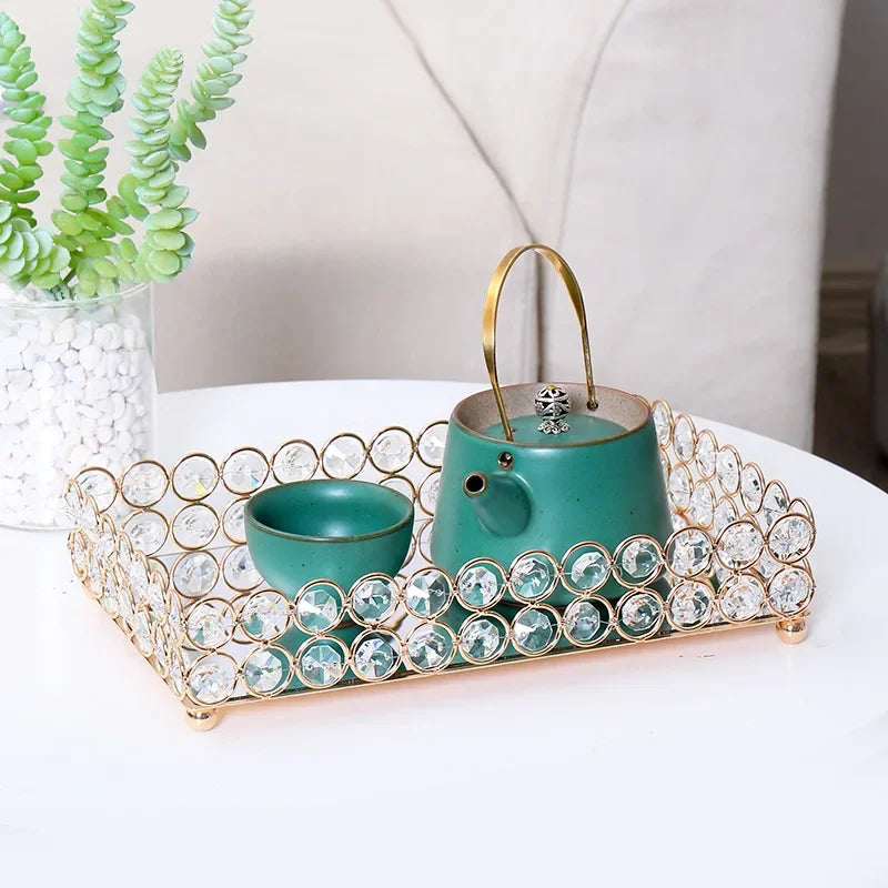 Crystal Decorative Tray Table Makeup Organizer Glass Mirror  Luxury Serving Tray Home Trinket Dish