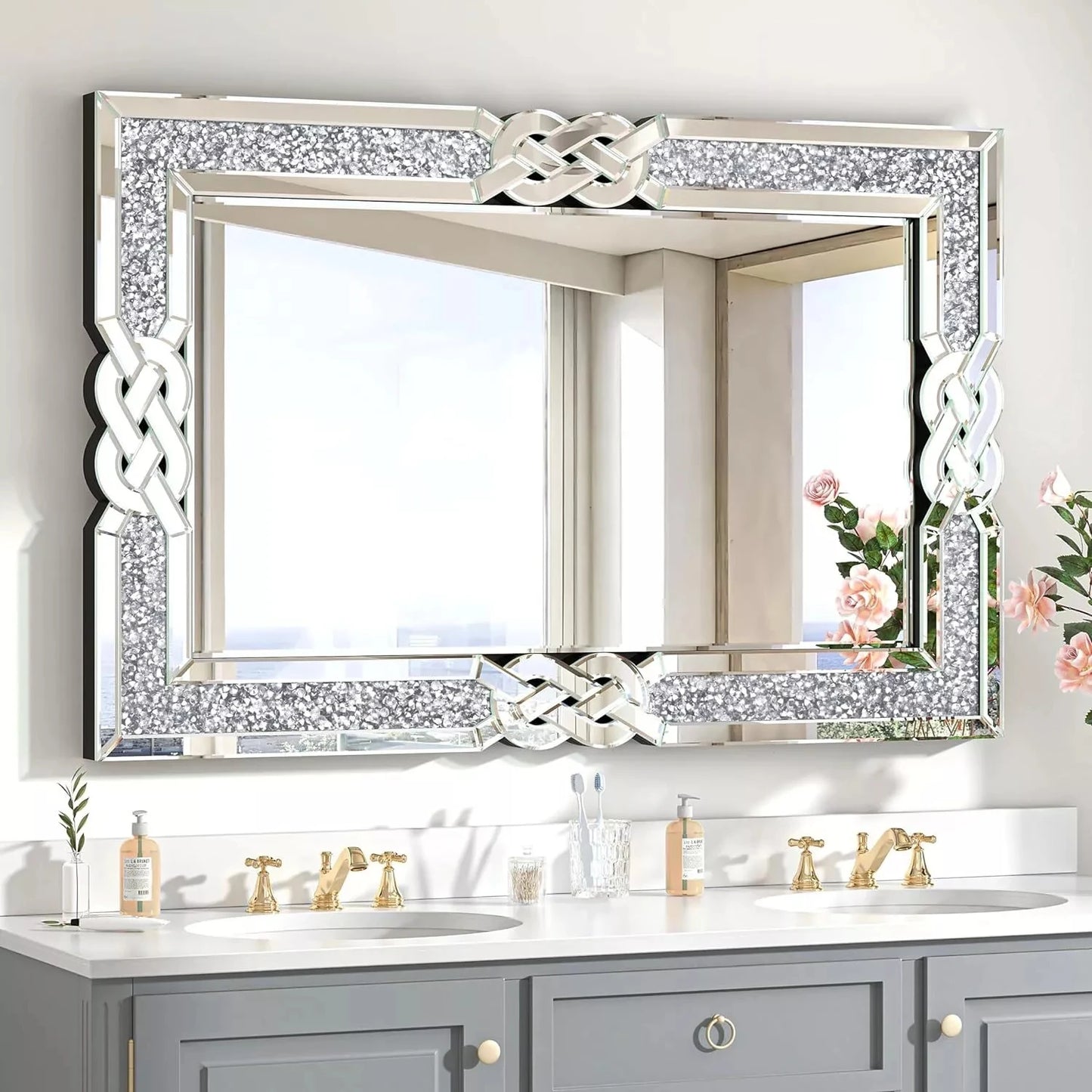 Crushed Diamond Wall Mirror Rectangular Glass Silver Vanity Glam Crystal Frame Edge