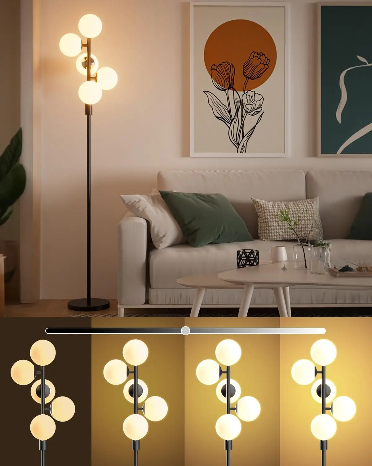 60IN Dimmable Floor Lamp, Mid Century Standing Lamps with 3 Globe Soft Warm White