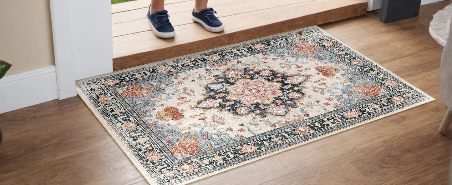 Machine Washable Area Rugs for Living Room Carpet Non Slip Low Pile Water Repellent Soft Print Pattern