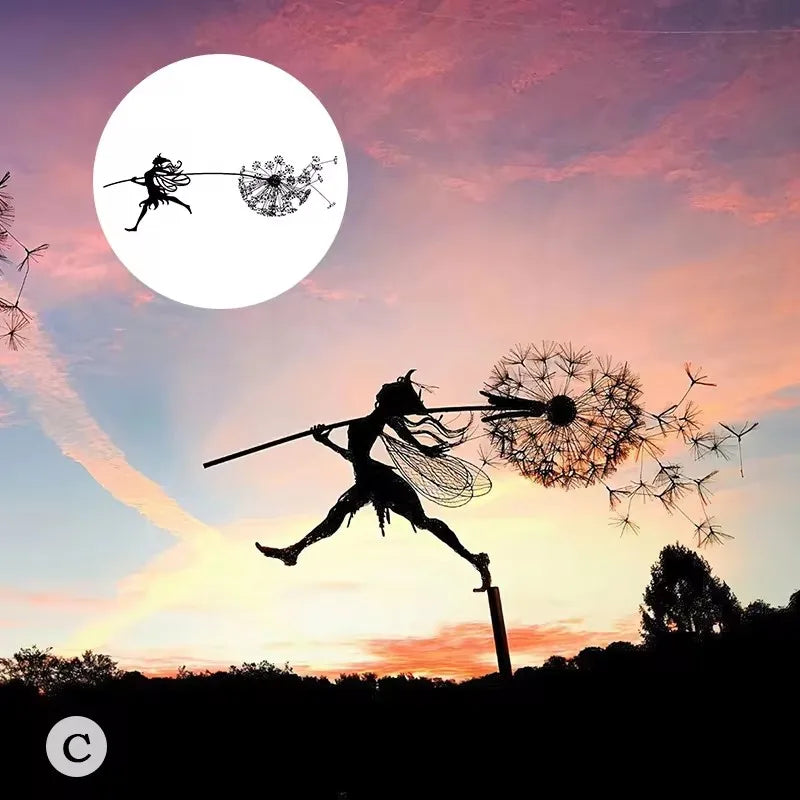 Dancing Fairy Statue Steel Wires Elf Dandelion Sculpture Mythical Garden Figurine Yard Decor