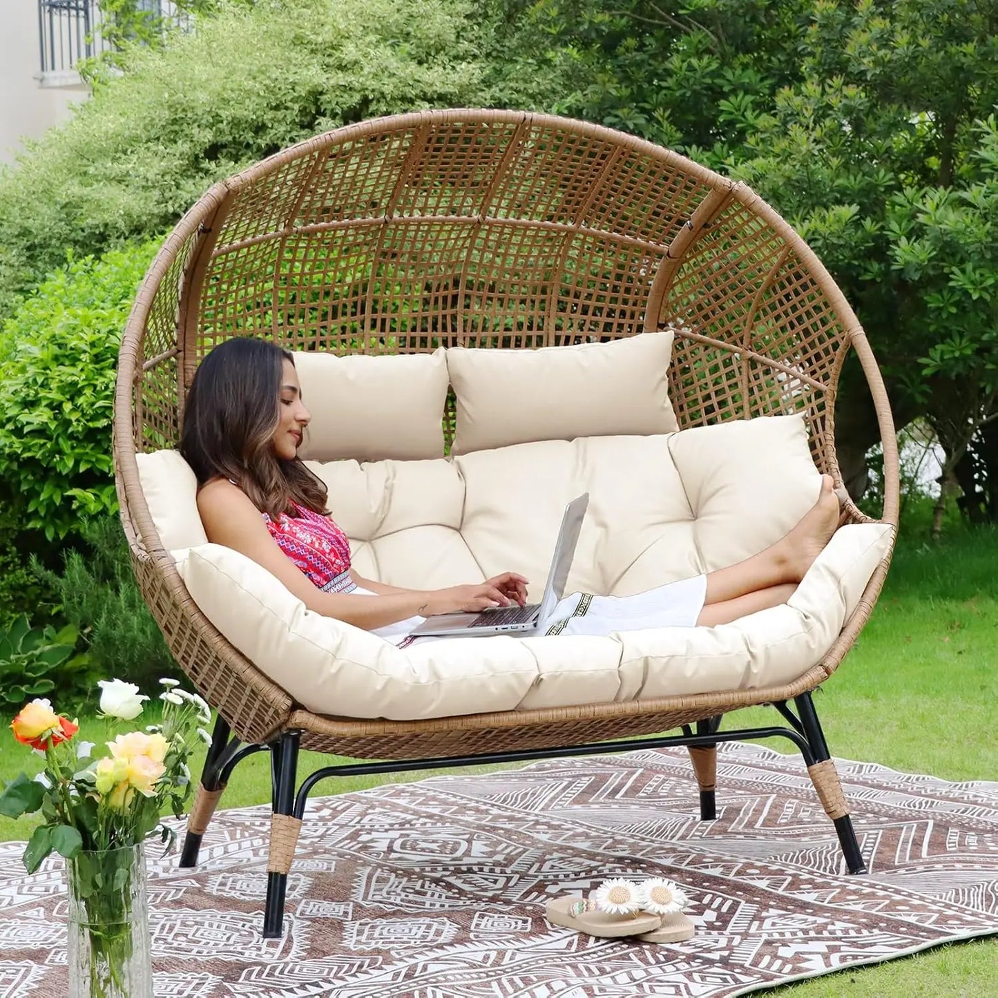 Double Egg Chair Indoor Outdoor Stationary Oversized Thicken Padded Cushions 2 Person Loveseat Chair