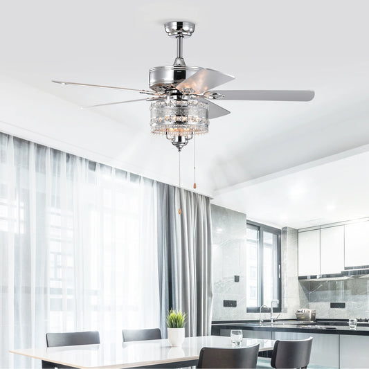 52'' Classical Crystal Ceiling Fan Lamp 5 Reversible Blades Stylish for Any Room