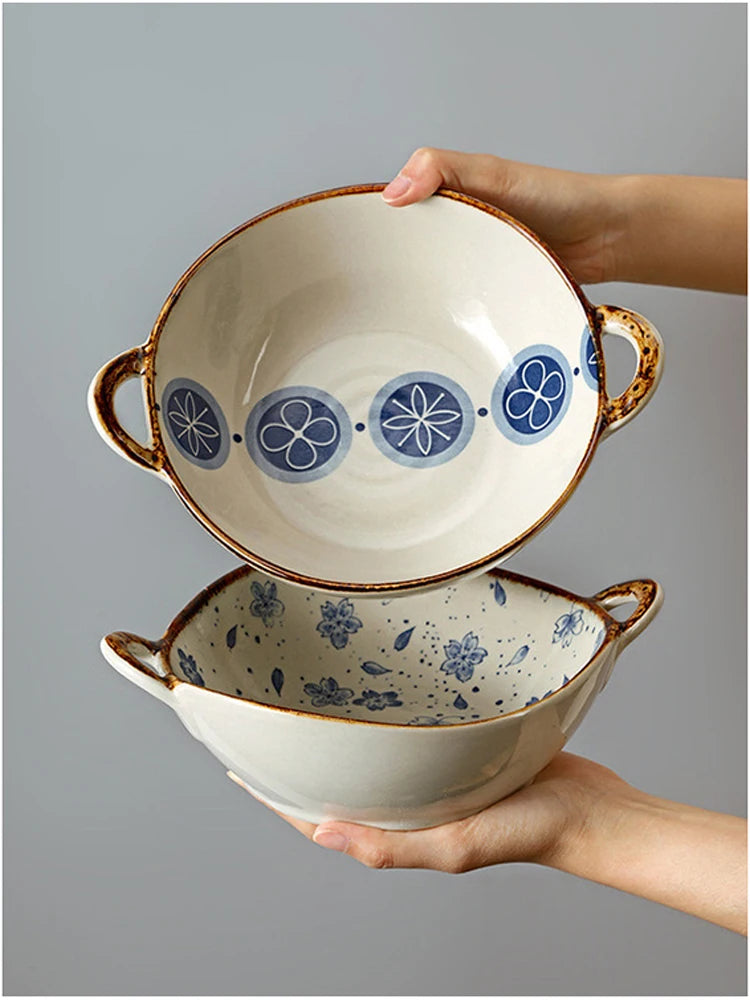 700ml Ceramic Salad Bowl With Handle Kitchen Soup Noodle Bowl Fruit Plate Japanese Tableware Microwave Oven Bowl